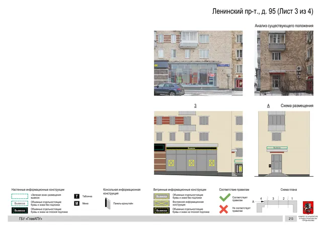Архитектурная концепция размещения вывесок — Ленинский проспект, 95, Москва, лист 3 из 4 · Документ по адресу · Архитектурно-художественная концепция · 2020 год