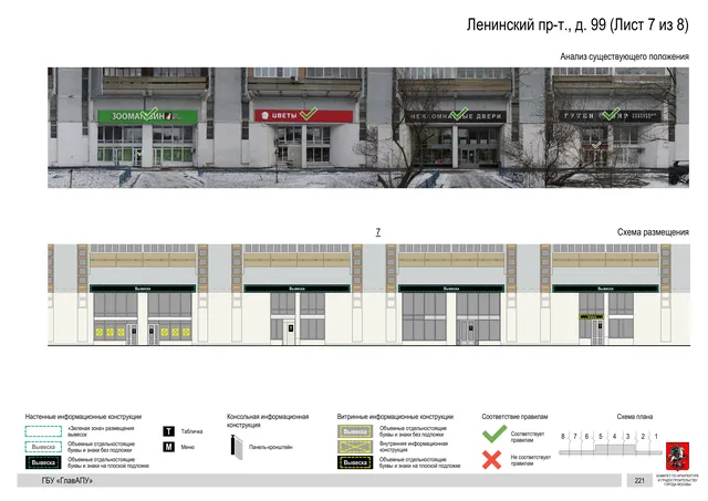 Архитектурная концепция размещения вывесок — Ленинский проспект, 99, Москва, лист 7 из 8 · Документ по адресу · Архитектурно-художественная концепция · 2020 год
