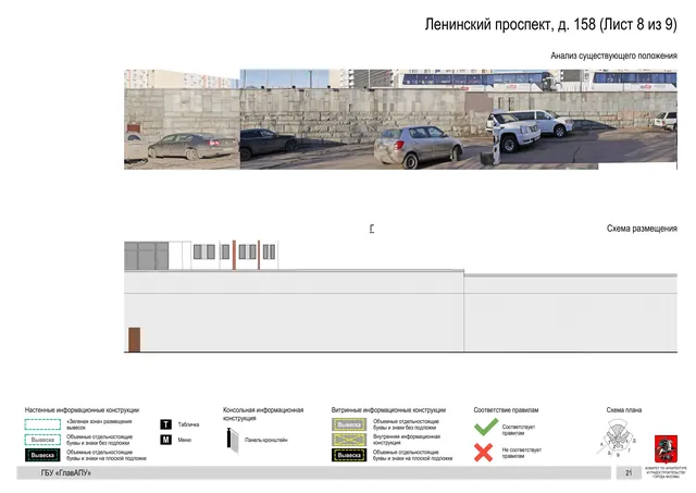 Архитектурная концепция размещения вывесок — Ленинский проспект, 158, Москва, лист 8 из 9 · Документ по адресу · Архитектурно-художественная концепция · 2020 год