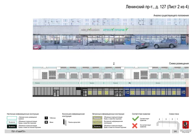 Архитектурная концепция размещения вывесок — Ленинский проспект, 127, Москва, лист 2 из 4 · Документ по адресу · Архитектурно-художественная концепция · 2020 год