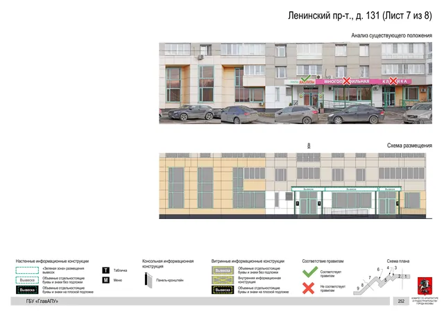 Архитектурная концепция размещения вывесок — Ленинский проспект, 131, Москва, лист 7 из 8 · Документ по адресу · Архитектурно-художественная концепция · 2020 год