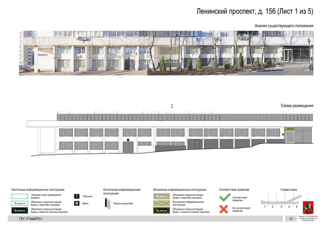 Архитектурная концепция размещения вывесок — Ленинский проспект, 156, Москва, лист 1 из 5 · Документ по адресу · Архитектурно-художественная концепция · 2020 год