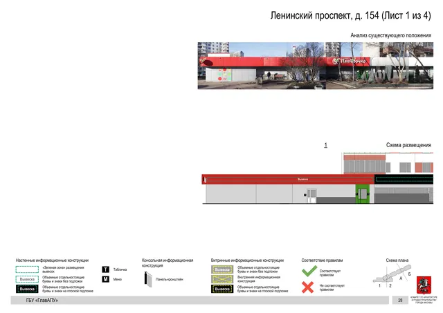 Архитектурная концепция размещения вывесок — Ленинский проспект, 154, Москва, лист 1 из 4 · Документ по адресу · Архитектурно-художественная концепция · 2020 год