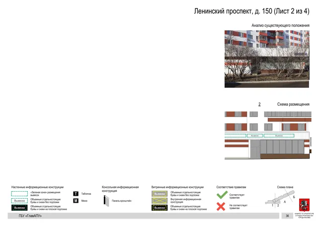 Архитектурная концепция размещения вывесок — Ленинский проспект, 150, Москва, лист 2 из 4 · Документ по адресу · Архитектурно-художественная концепция · 2020 год