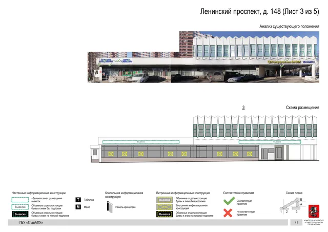 Архитектурная концепция размещения вывесок — Ленинский проспект, 148, Москва, лист 3 из 5 · Документ по адресу · Архитектурно-художественная концепция · 2020 год