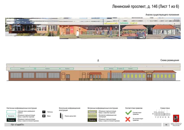Архитектурная концепция размещения вывесок — Ленинский проспект, 146, Москва, лист 1 из 6 · Документ по адресу · Архитектурно-художественная концепция · 2020 год