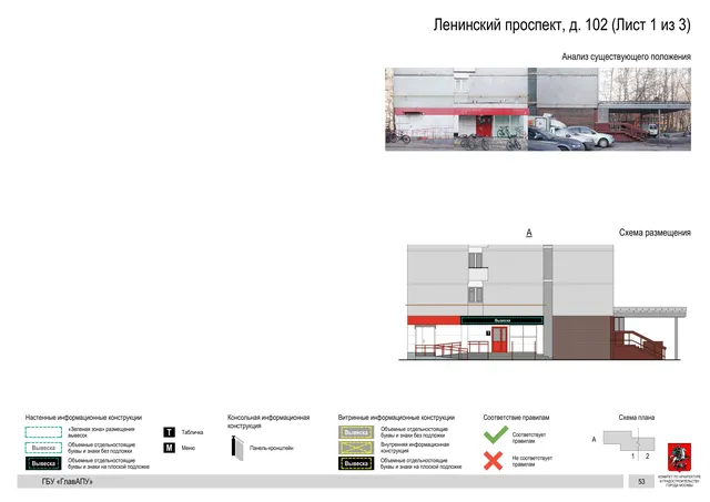 Архитектурная концепция размещения вывесок — Ленинский проспект, 102, Москва, лист 1 из 3 · Документ по адресу · Архитектурно-художественная концепция · 2020 год