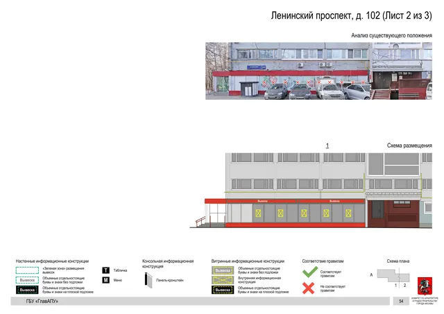 Архитектурная концепция размещения вывесок — Ленинский проспект, 102, Москва, лист 2 из 3 · Документ по адресу · Архитектурно-художественная концепция · 2020 год