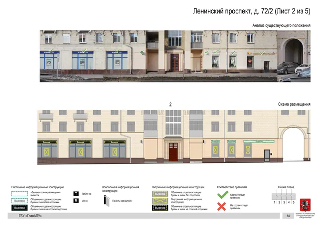Архитектурная концепция размещения вывесок — Ленинский проспект, 72/2, Москва, лист 2 из 5 · Документ по адресу · Архитектурно-художественная концепция · 2020 год