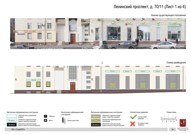 Архитектурная концепция размещения вывесок — Ленинский проспект, 70/11, Москва, лист 1 из 4 · Документ по адресу · Архитектурно-художественная концепция · 2020 год