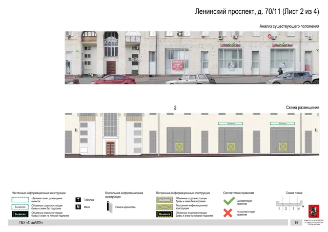 Архитектурная концепция размещения вывесок — Ленинский проспект, 70/11, Москва, лист 2 из 4 · Документ по адресу · Архитектурно-художественная концепция · 2020 год