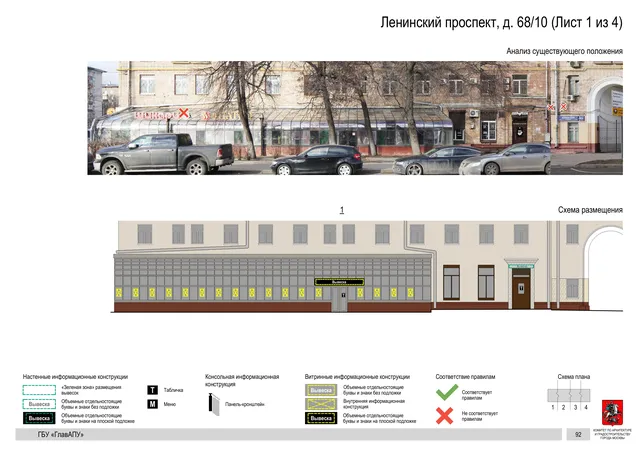 Архитектурная концепция размещения вывесок — Ленинский проспект, 68/10, Москва, лист 1 из 4 · Документ по адресу · Архитектурно-художественная концепция · 2020 год
