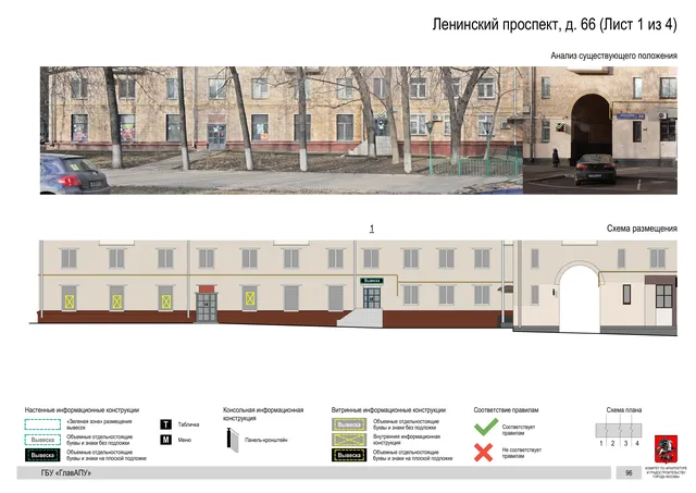 Архитектурная концепция размещения вывесок — Ленинский проспект, 66, Москва, лист 1 из 4 · Документ по адресу · Архитектурно-художественная концепция · 2020 год
