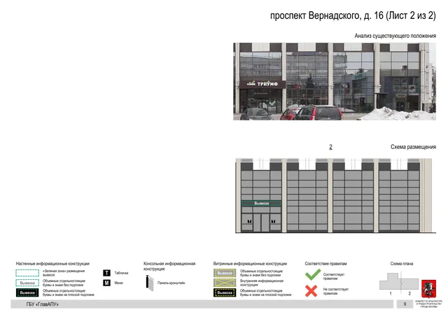 Архитектурная концепция размещения вывесок — Вернадского проспект, 16, Москва, лист 2 из 2 · Документ по адресу · Архитектурно-художественная концепция · 2020 год