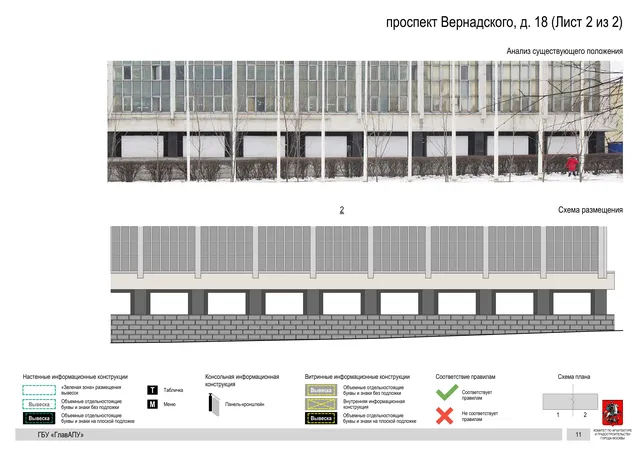 Архитектурная концепция размещения вывесок — Вернадского проспект, 18, Москва, лист 2 из 2 · Документ по адресу · Архитектурно-художественная концепция · 2020 год