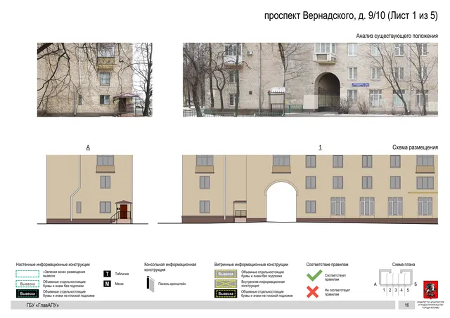 Архитектурная концепция размещения вывесок — Вернадского проспект, 9/10, Москва, лист 1 из 5 · Документ по адресу · Архитектурно-художественная концепция · 2020 год