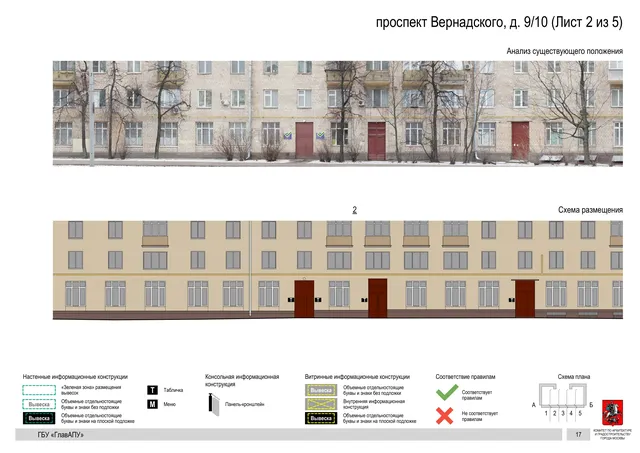 Архитектурная концепция размещения вывесок — Вернадского проспект, 9/10, Москва, лист 2 из 5 · Документ по адресу · Архитектурно-художественная концепция · 2020 год