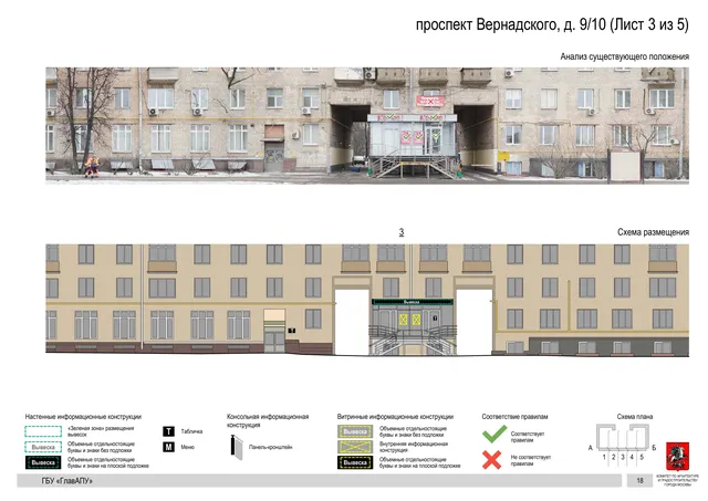 Архитектурная концепция размещения вывесок — Вернадского проспект, 9/10, Москва, лист 3 из 5 · Документ по адресу · Архитектурно-художественная концепция · 2020 год