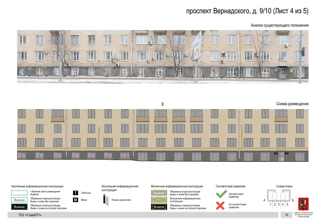 Архитектурная концепция размещения вывесок — Вернадского проспект, 9/10, Москва, лист 4 из 5 · Документ по адресу · Архитектурно-художественная концепция · 2020 год