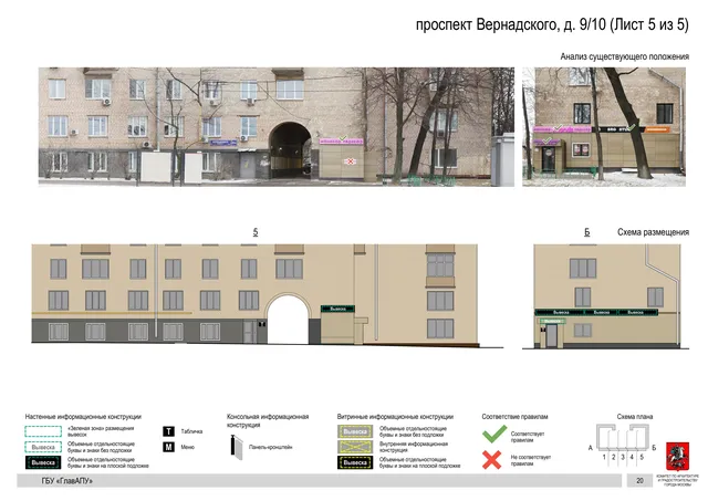 Архитектурная концепция размещения вывесок — Вернадского проспект, 9/10, Москва, лист 5 из 5 · Документ по адресу · Архитектурно-художественная концепция · 2020 год