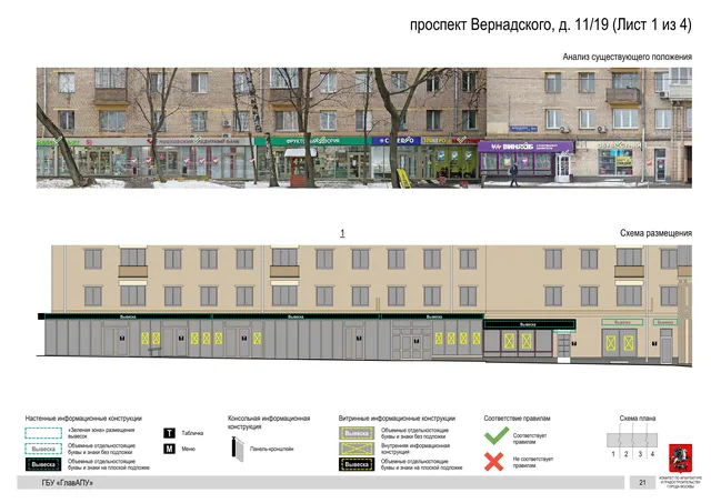 Архитектурная концепция размещения вывесок — Вернадского проспект, 11/19, Москва, лист 1 из 4 · Документ по адресу · Архитектурно-художественная концепция · 2020 год