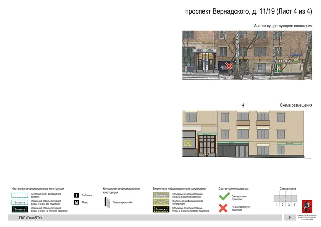 Архитектурная концепция размещения вывесок — Вернадского проспект, 11/19, Москва, лист 4 из 4 · Документ по адресу · Архитектурно-художественная концепция · 2020 год