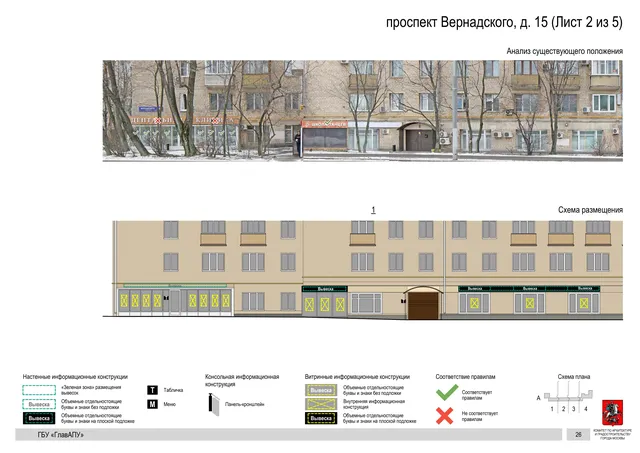 Архитектурная концепция размещения вывесок — Вернадского проспект, 15, Москва, лист 2 из 5 · Документ по адресу · Архитектурно-художественная концепция · 2020 год