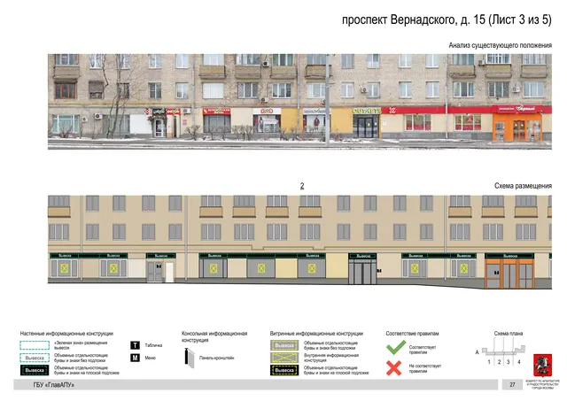 Архитектурная концепция размещения вывесок — Вернадского проспект, 15, Москва, лист 3 из 5 · Документ по адресу · Архитектурно-художественная концепция · 2020 год