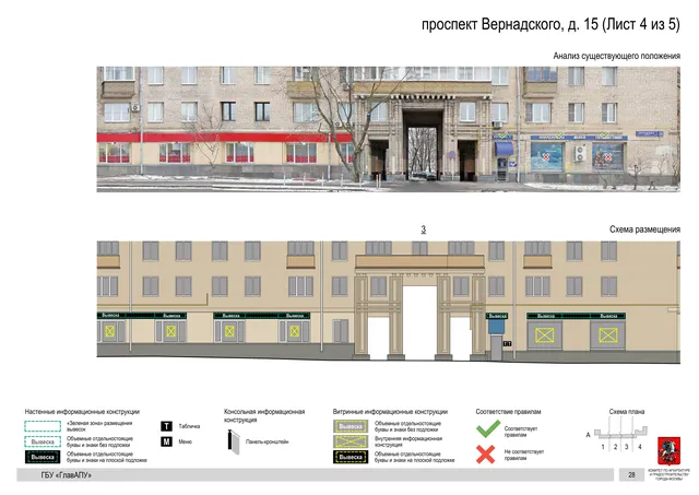 Архитектурная концепция размещения вывесок — Вернадского проспект, 15, Москва, лист 4 из 5 · Документ по адресу · Архитектурно-художественная концепция · 2020 год