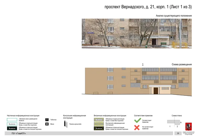 Архитектурная концепция размещения вывесок — Вернадского проспект, 21, корп. 1, Москва, лист 1 из 3 · Документ по адресу · Архитектурно-художественная концепция · 2020 год