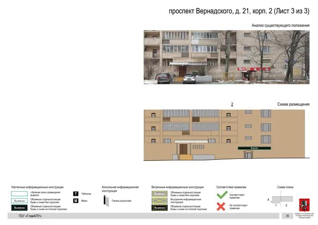 Архитектурная концепция размещения вывесок — Вернадского проспект, 21, корп. 2, Москва, лист 3 из 3 · Документ по адресу · Архитектурно-художественная концепция · 2020 год