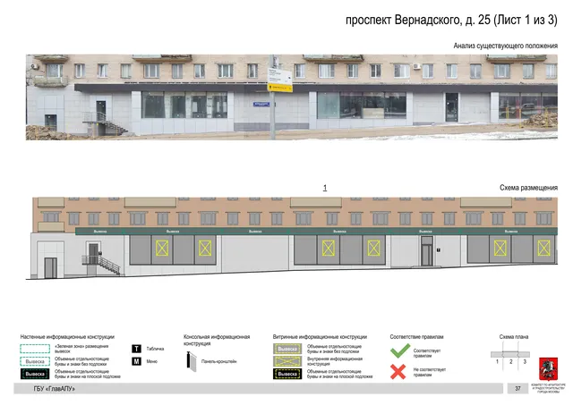 Архитектурная концепция размещения вывесок — Вернадского проспект, 25, Москва, лист 1 из 3 · Документ по адресу · Архитектурно-художественная концепция · 2020 год