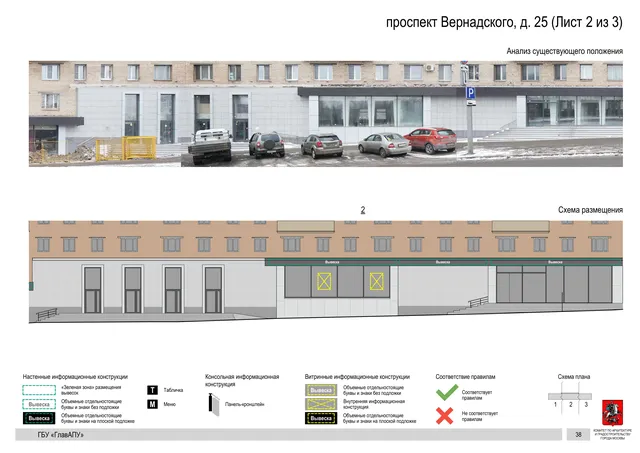 Архитектурная концепция размещения вывесок — Вернадского проспект, 25, Москва, лист 2 из 3 · Документ по адресу · Архитектурно-художественная концепция · 2020 год