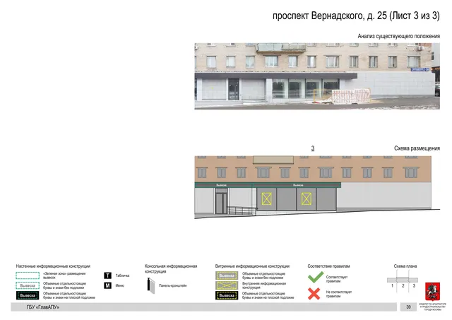 Архитектурная концепция размещения вывесок — Вернадского проспект, 25, Москва, лист 3 из 3 · Документ по адресу · Архитектурно-художественная концепция · 2020 год
