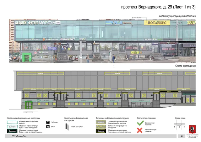 Архитектурная концепция размещения вывесок — Вернадского проспект, 29, Москва, лист 1 из 3 · Документ по адресу · Архитектурно-художественная концепция · 2020 год