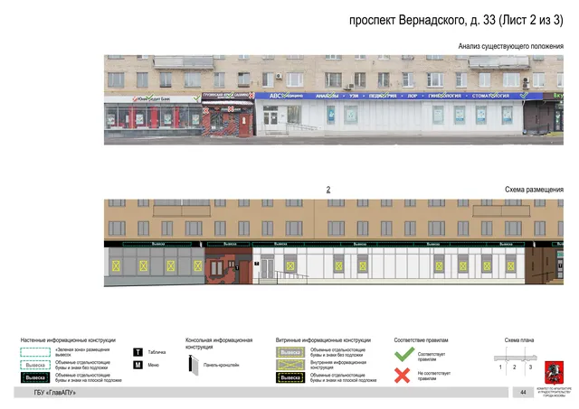 Архитектурная концепция размещения вывесок — Вернадского проспект, 33, Москва, лист 2 из 3 · Документ по адресу · Архитектурно-художественная концепция · 2020 год