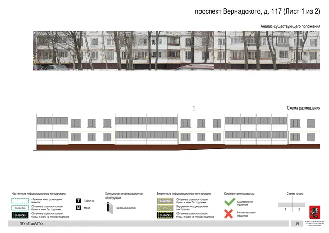 Архитектурная концепция размещения вывесок — Вернадского проспект, 117, Москва, лист 1 из 2 · Документ по адресу · Архитектурно-художественная концепция · 2020 год
