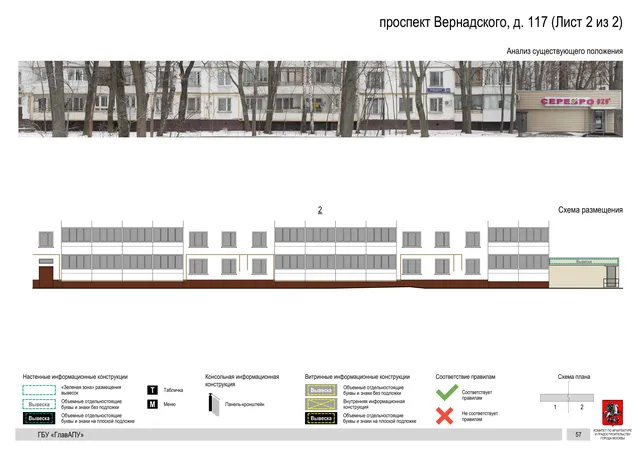 Архитектурная концепция размещения вывесок — Вернадского проспект, 117, Москва, лист 2 из 2 · Документ по адресу · Архитектурно-художественная концепция · 2020 год