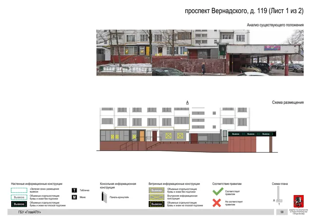 Архитектурная концепция размещения вывесок — Вернадского проспект, 119, Москва, лист 1 из 2 · Документ по адресу · Архитектурно-художественная концепция · 2020 год