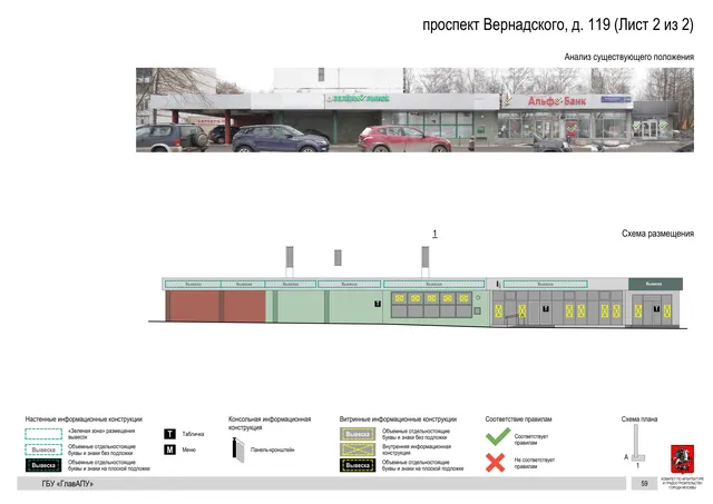 Архитектурная концепция размещения вывесок — Вернадского проспект, 119, Москва, лист 2 из 2 · Документ по адресу · Архитектурно-художественная концепция · 2020 год