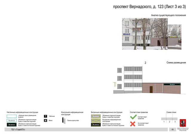Архитектурная концепция размещения вывесок — Вернадского проспект, 123, Москва, лист 3 из 3 · Документ по адресу · Архитектурно-художественная концепция · 2020 год