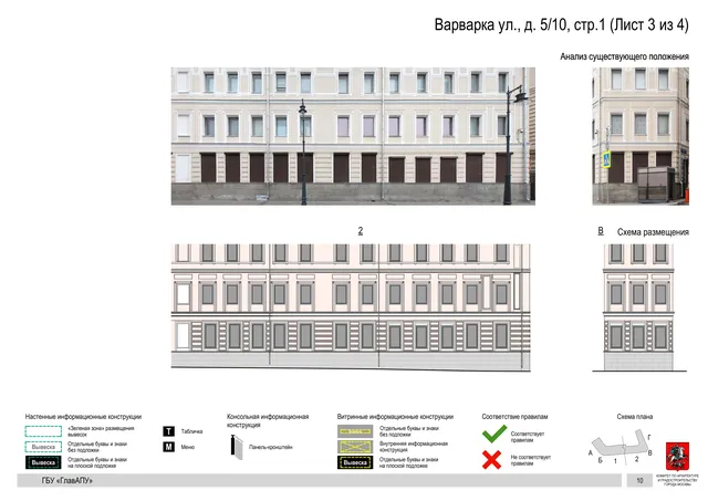 Архитектурная концепция размещения вывесок — Варварка улица, 5/10, стр. 1, Москва, лист 3 из 4 · Документ по адресу · Архитектурно-художественная концепция