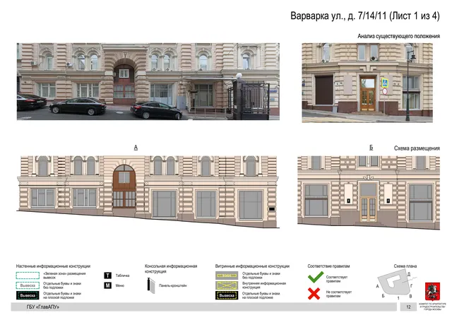 Архитектурная концепция размещения вывесок — Варварка улица, 7/14/11, Москва, лист 1 из 4 · Документ по адресу · Архитектурно-художественная концепция