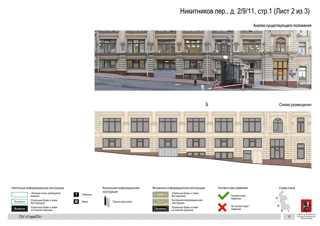 Никитников пер., д. 2/9/11, cтр.1 (Лист 2 из 3) · PDF 19 Архитектурная концепция размещения вывесок — Никитников переулок, 2/9/11, стр. 1, Москва, лист 2 из 3 · Документ по адресу · Архитектурно-художественная концепция