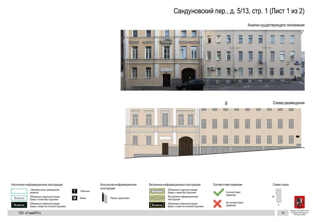 Сандуновский пер., д. 5/13, стр. 1 (Лист 1 из 2) · PDF 12 Архитектурная концепция размещения вывесок — Сандуновский переулок, 5/13, стр. 1, Москва, лист 1 из 2 · Документ по адресу · Архитектурно-художественная концепция