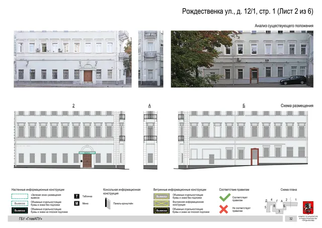 Архитектурная концепция размещения вывесок — Рождественка улица, 12/1, стр. 1, Москва, лист 2 из 6 · Документ по адресу · Архитектурно-художественная концепция