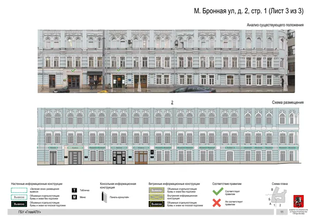 М. Бронная ул, д. 2, стр. 1 (Лист 3 из 3) · PDF 13 Архитектурная концепция размещения вывесок — М бронная улица, 2, стр. 1, Москва, лист 3 из 3 · Документ по адресу · Архитектурно-художественная концепция