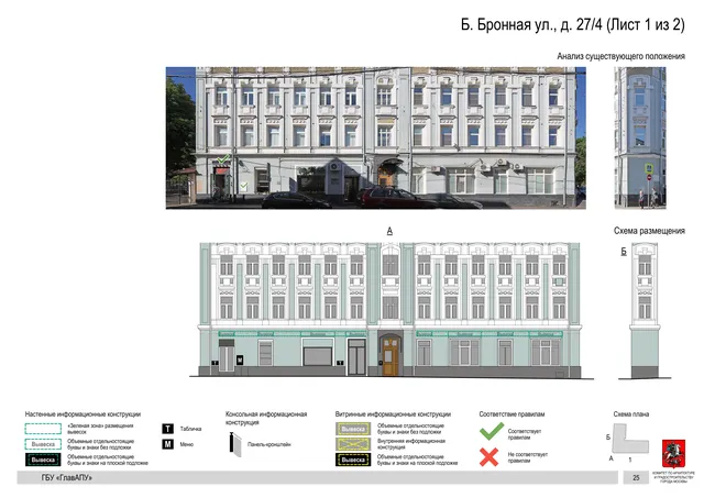 Архитектурная концепция размещения вывесок — Б бронная улица, 27/4, Москва, лист 1 из 2 · Документ по адресу · Архитектурно-художественная концепция