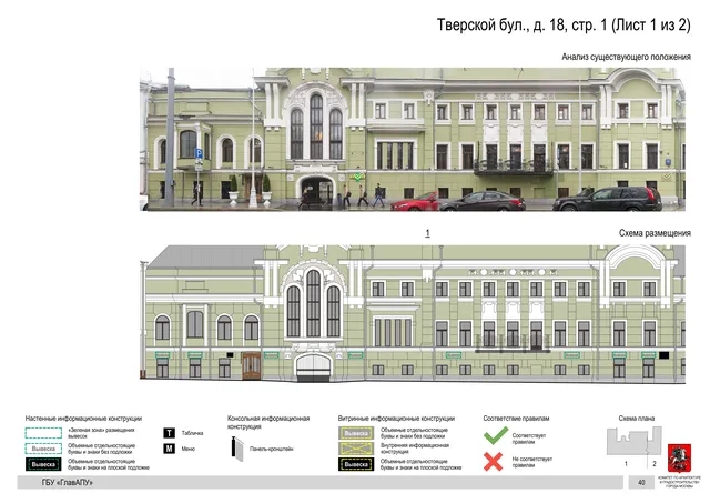 Тверской бул., д. 18, стр. 1 (Лист 1 из 2) · PDF 43 Архитектурная концепция размещения вывесок — Тверской бульвар, 18, стр. 1, Москва, лист 1 из 2 · Документ по адресу · Архитектурно-художественная концепция