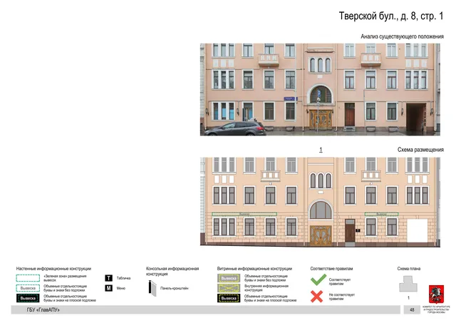 Тверской бул., д. 8, стр. 1 · PDF 51 Архитектурная концепция размещения вывесок — Тверской бульвар, 8, стр. 1, Москва, страница PDF 51 · Документ по адресу · Архитектурно-художественная концепция